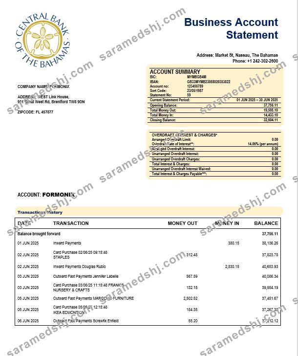 The Central Bank of Bahamian enterprise account statement Word and PDF template
